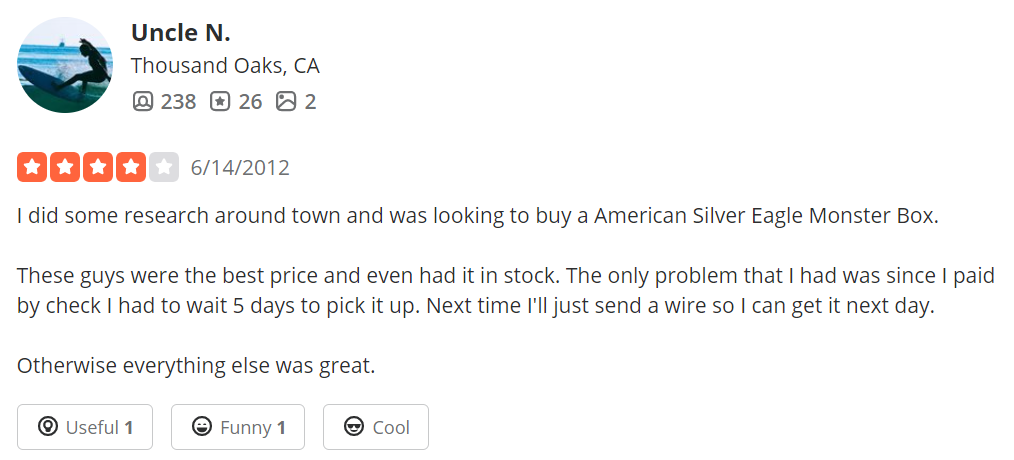 Uncle's positive review on Mint State Gold praising them for their quality service.