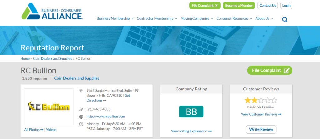 RC Bullion BCA page screenshot. They have a mediocre rating.
