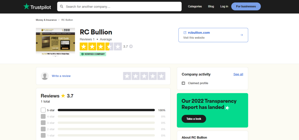 RC Bullion Trustpilot page. They have a poor rating on the platform.