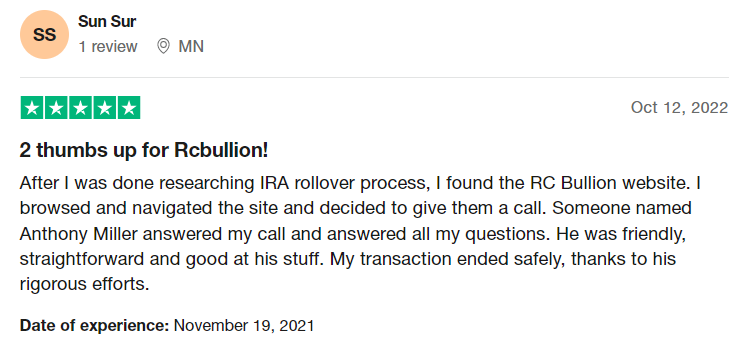 RC Bullion reviews on Trustpilot. They praise the company for having a simple rollover process.