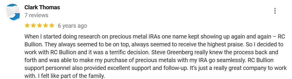 RC Bullion reviews saying they have excellent staff.