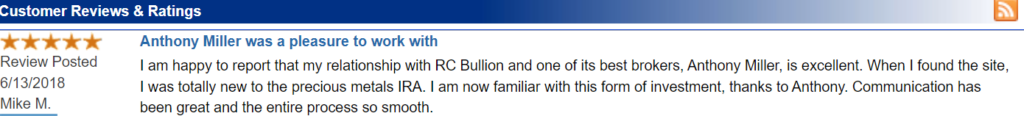 RC Bullion review saying that the company is a pleasure to work with.