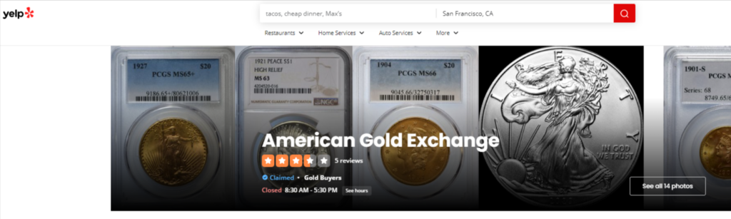 American Gold Exchange Yelp page screenshot.