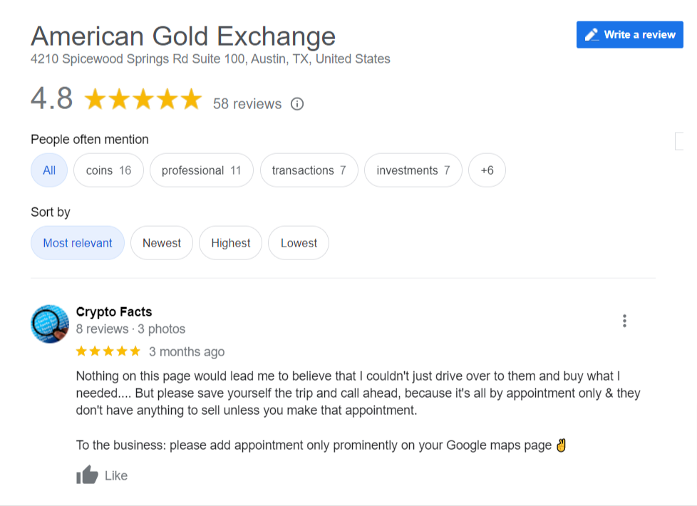 American Gold Exchange Google reviews