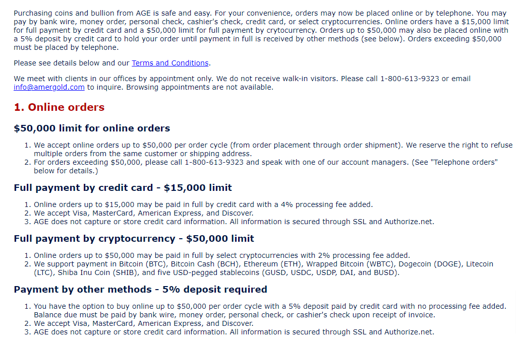 American Gold Exchange fees screenshot