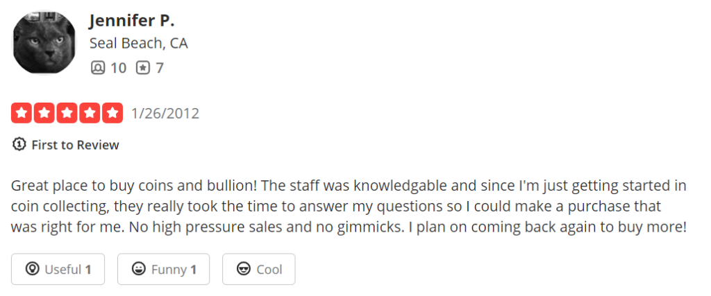 Mint State Gold reviews on Yelp praising their staff.