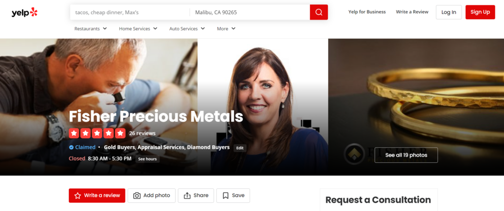 Fisher Precious Metals Yelp page screenshot. They have 26 reviews there.