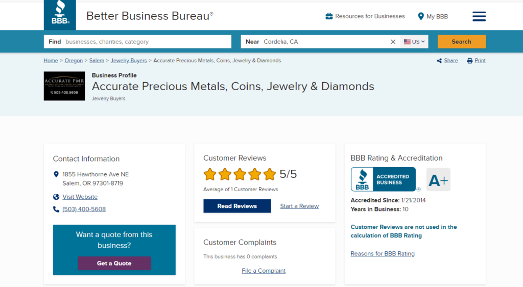 BBB Review of Accurate Precious Metals