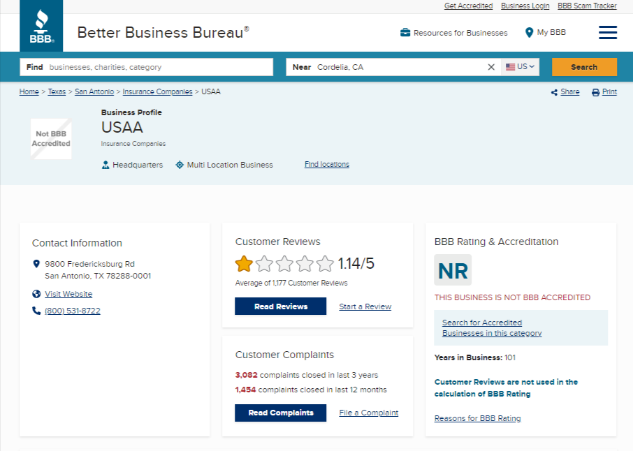 USAA BBB page. They are not accreditated.