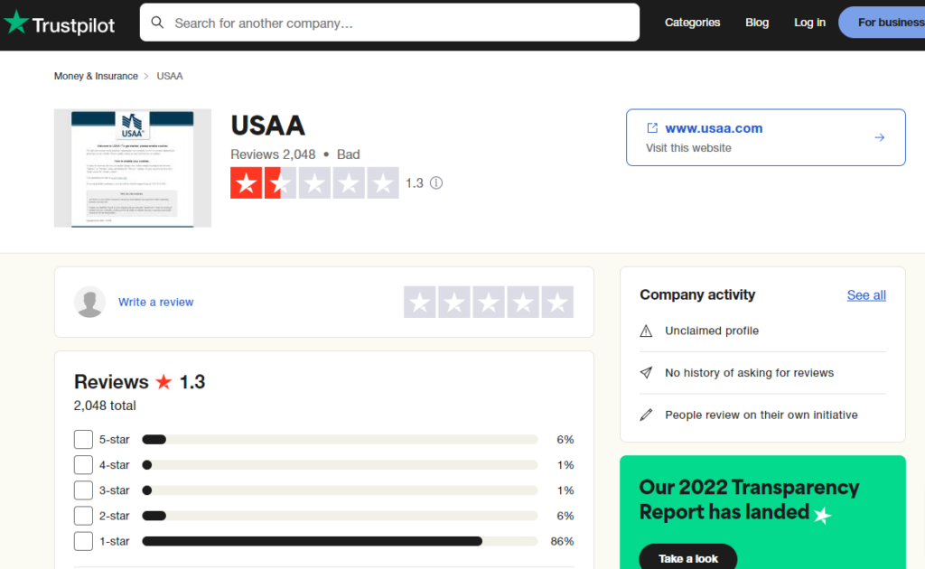 USAA reviews on Trustpilot. They have a Bad rating on the platform.