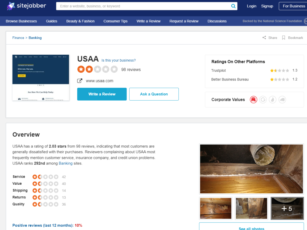 USAA Sitejabber page. They have a 2 out of 5 stars rating.