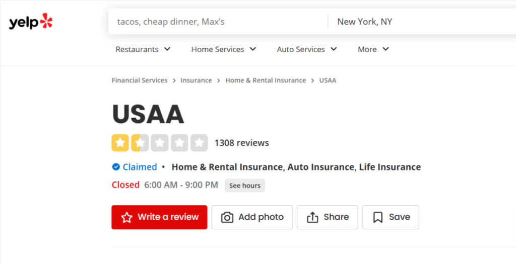 USAA yelp page