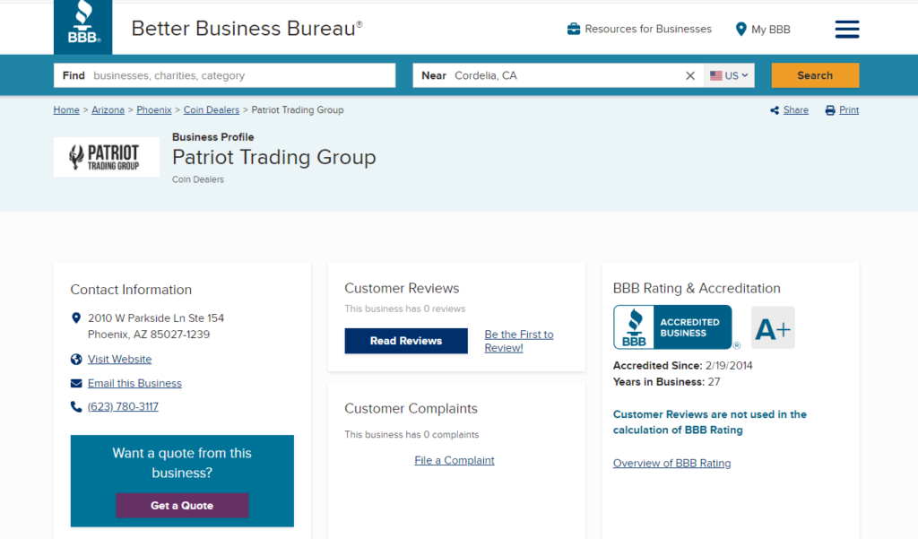 Patriot Trading Group BBB page screenshot