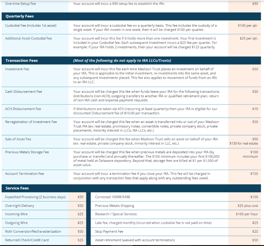 Madison Trust Company fees page