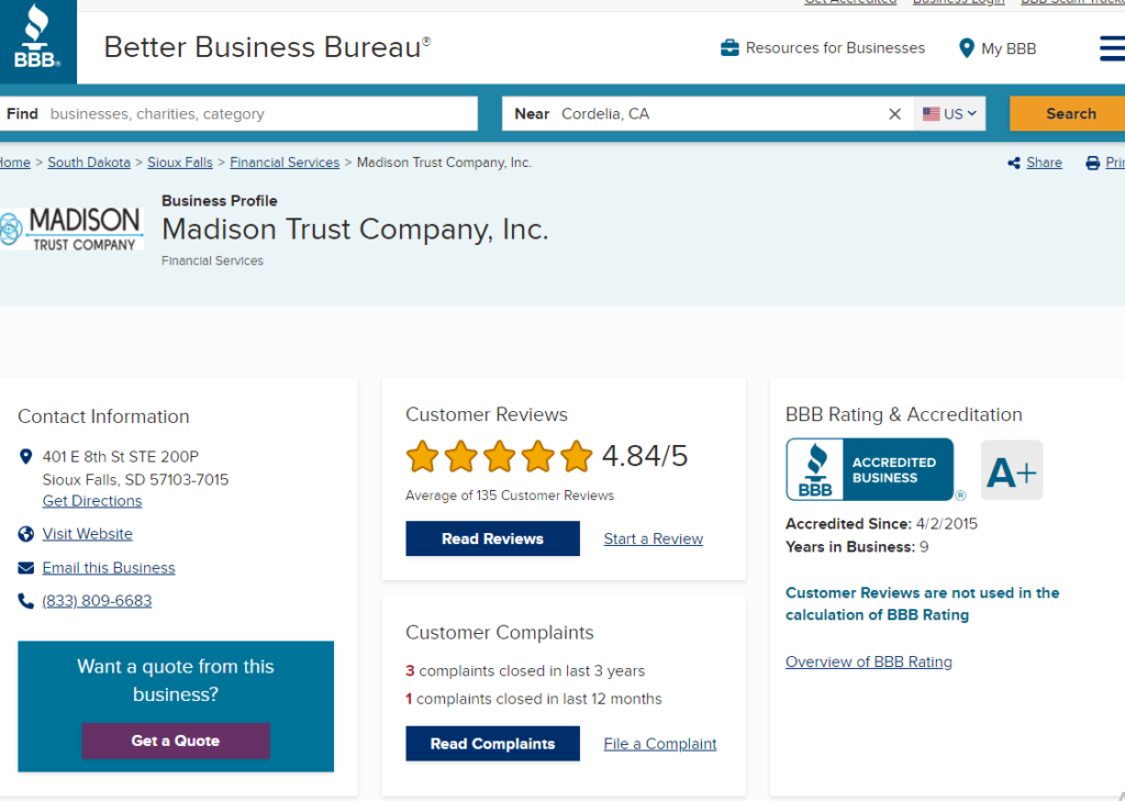 Madison Trust Company BBB reviews and ratings page