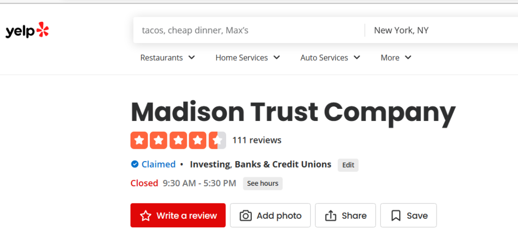 Madison Trust Company Yelp reviews and ratings