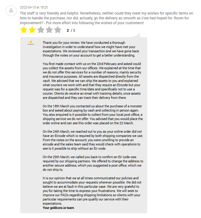 GoldCore complaints