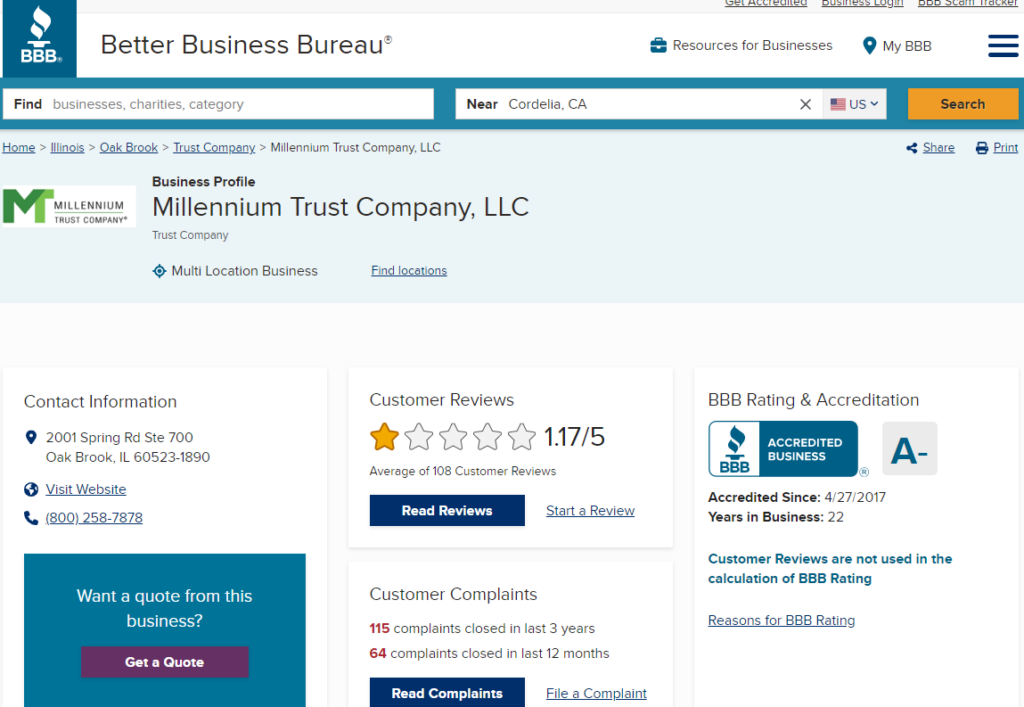 Millennium Trust Company BBB page