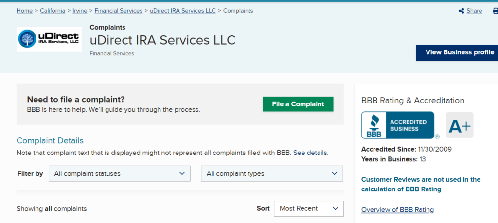 udirect IRA services BBB page