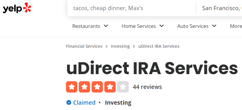 udirect IRA services Yelp reviews and ratings