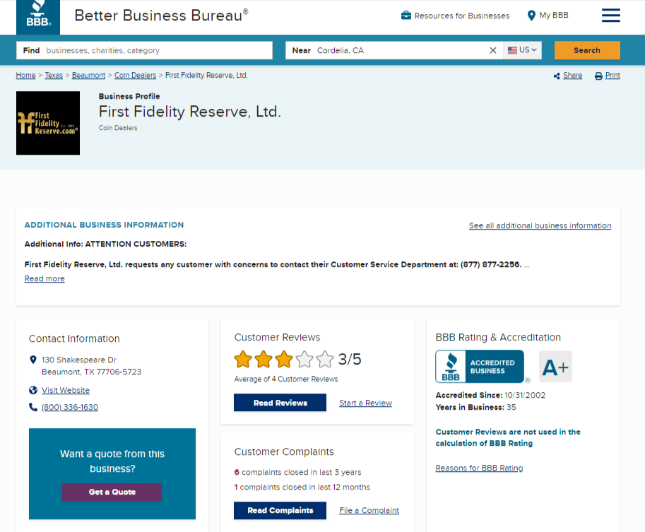 First Fidelity Reserve BBB page and ratings. They have an A+ rating there.