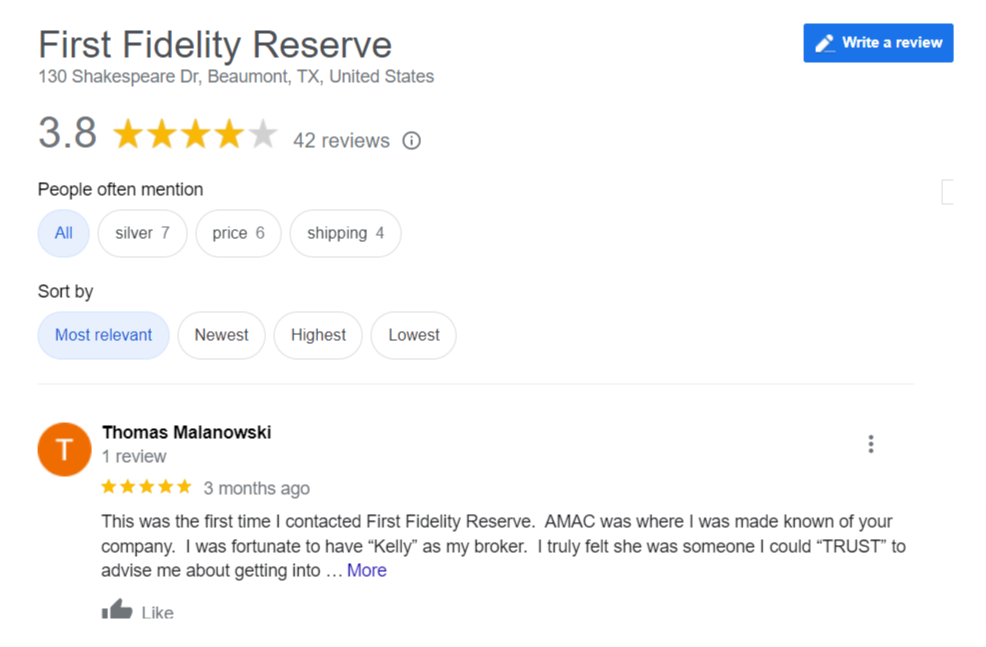 First Fidelity Reserve reviews on Google.  They have a total of 42 reviews there.