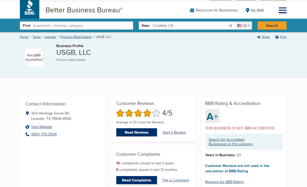 BBB Review of US Gold Bureau