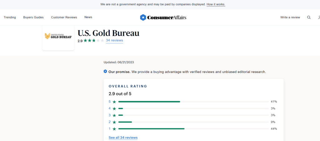 Consumer Affairs Review of US Gold Bureau