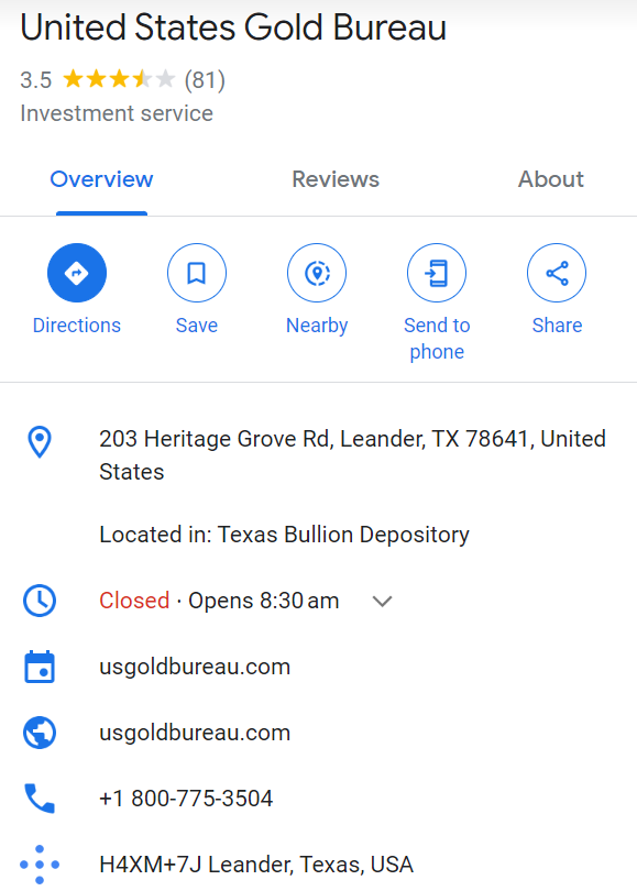 Google Reviews of US Gold Bureau