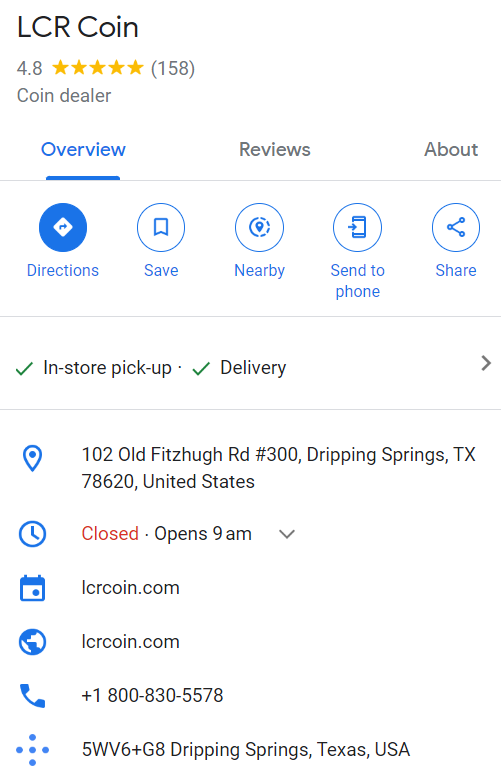 Google Reviews of LCR Coin
