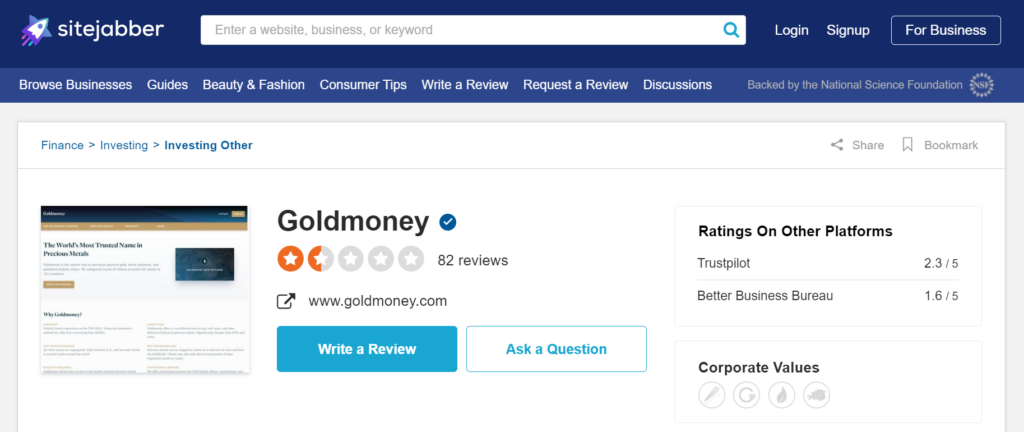 Site Jabber Review of Goldmoney