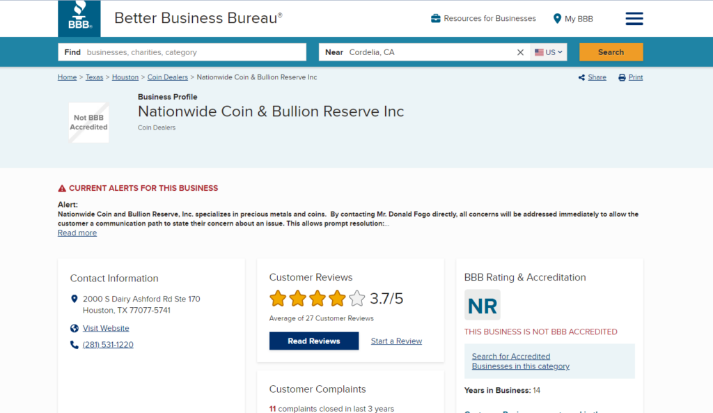 BBB Review of Nationwide Coin Bullion Reserve