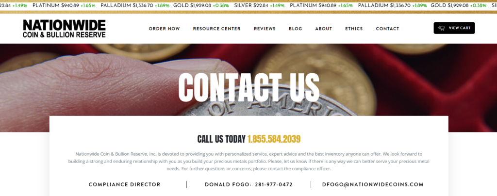 Contact with Nationwide Coin Bullion Reserve