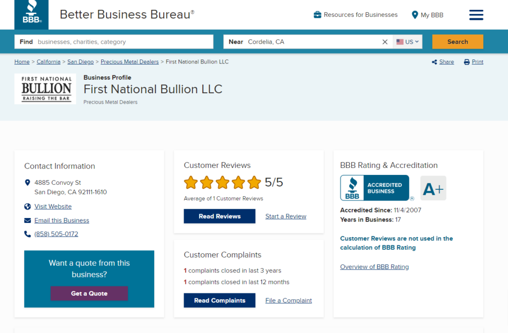 First National Bullion BBB reviews and rating. They have an A+ rating.