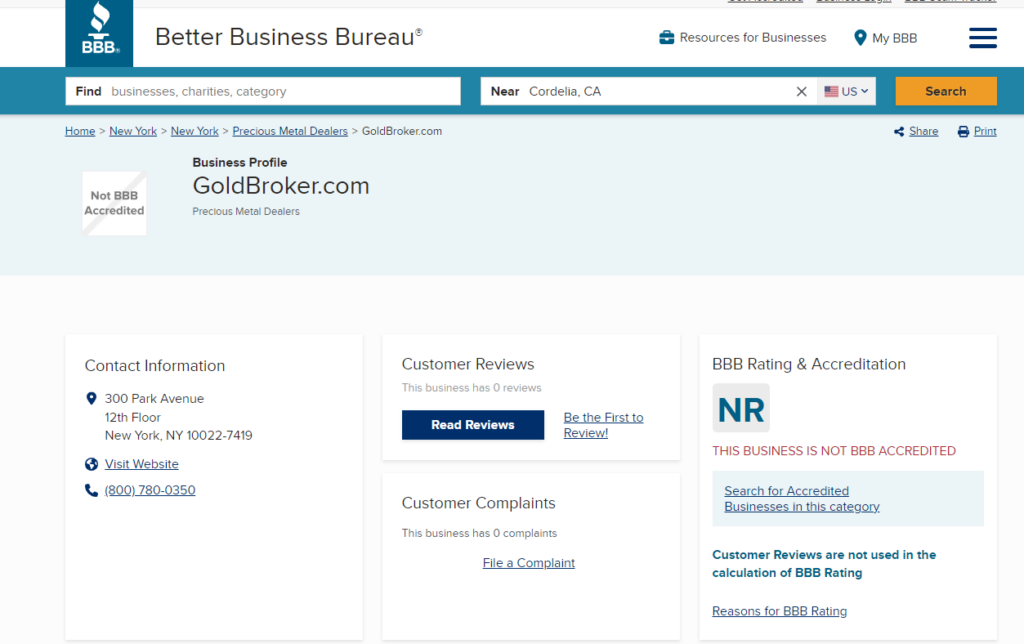 GoldBroker.com BBB page
