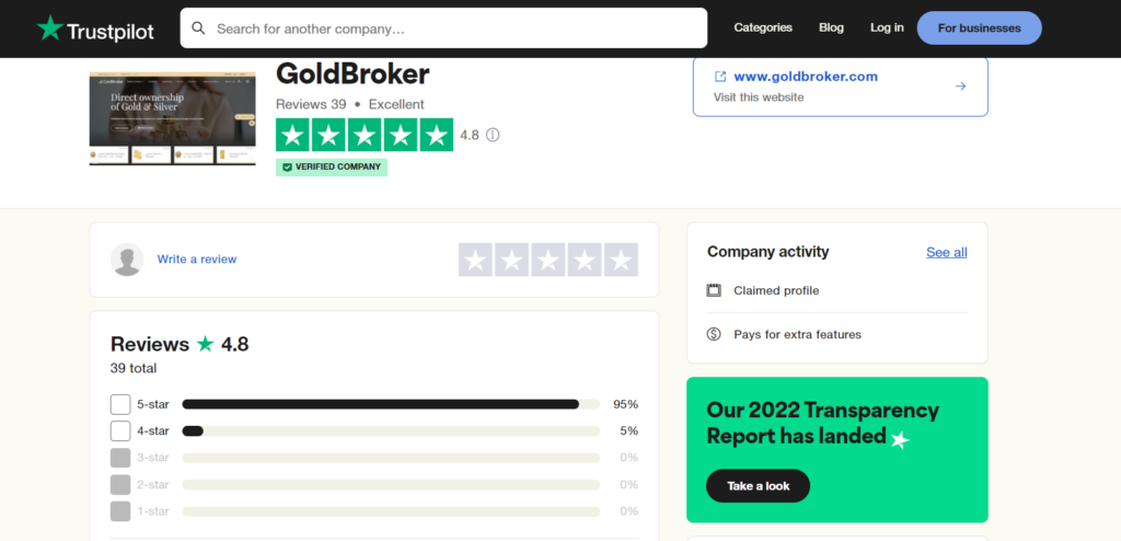 Trustpilot Review page of Goldbroker.com