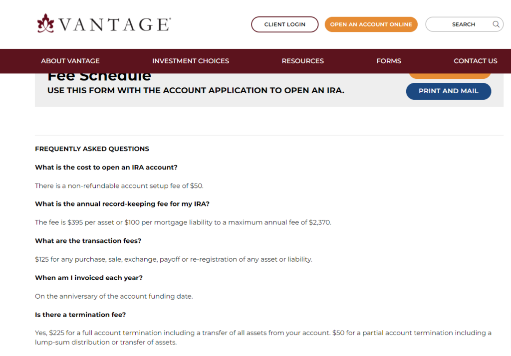Vantage IRA Fees & Charges