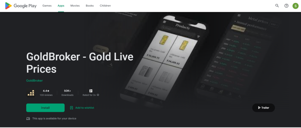 Google Play Store page of Gold Broker app