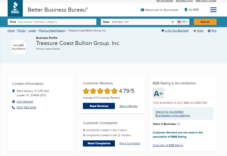 Treasure Coast Bullion Group rating & reviews on Better Business Bureau 