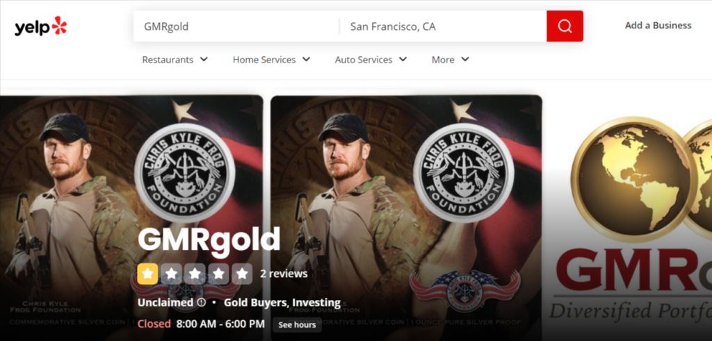 GMRGold reviews and rating on Yelp. They have 2 reviews and a poor rating.