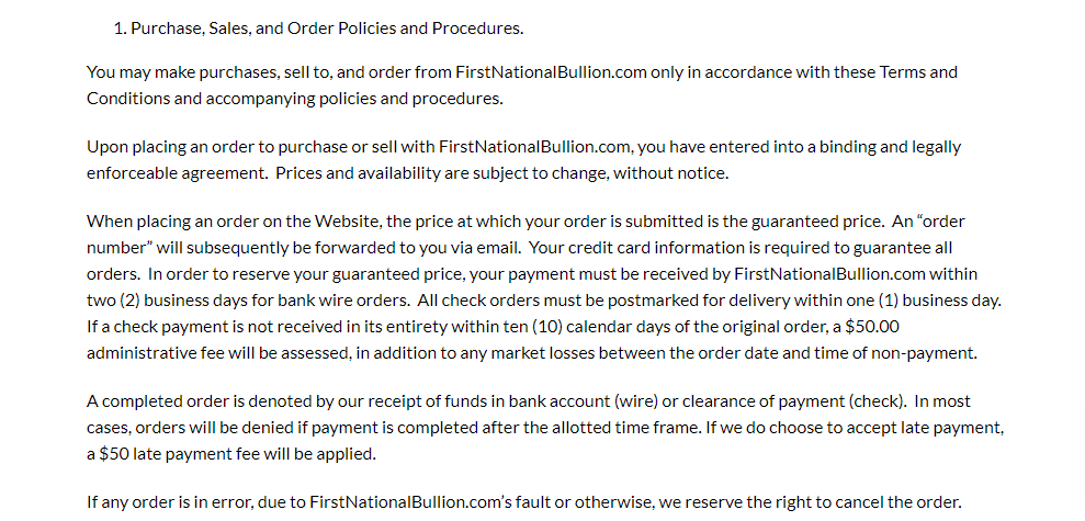 Terms and conditions about the purchase, sales and order placement on FNB.