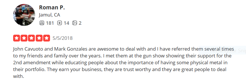 First National Bullion reviews on Yelp. It praises the company for being supportive.
