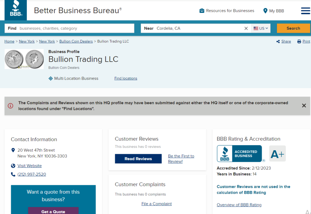 BBB Rating of Bullion Trading LLC