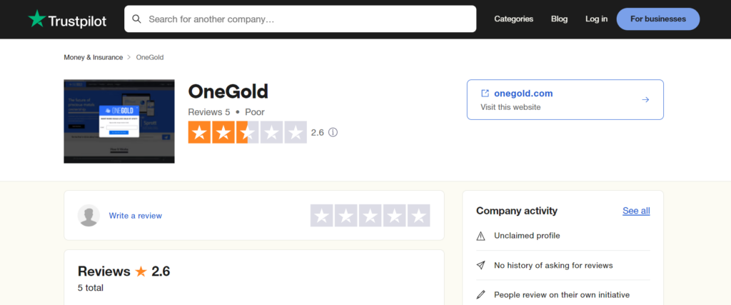 OneGold reviews on Trustpilot. They have a poor rating on the platform. 