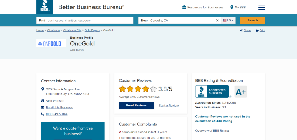 OneGold BBB page. They have a 3.8 out of 5 stars rating.
