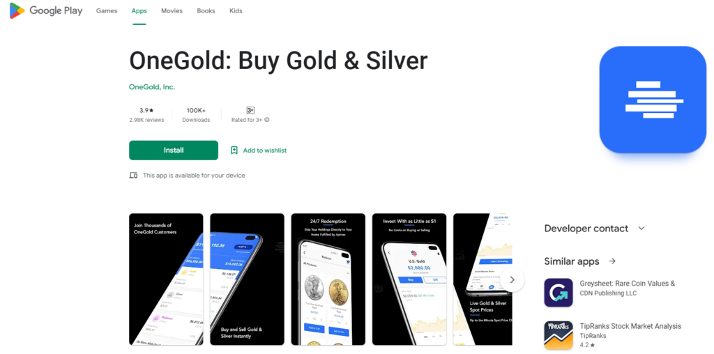 OneGold app page on Google Play Store.