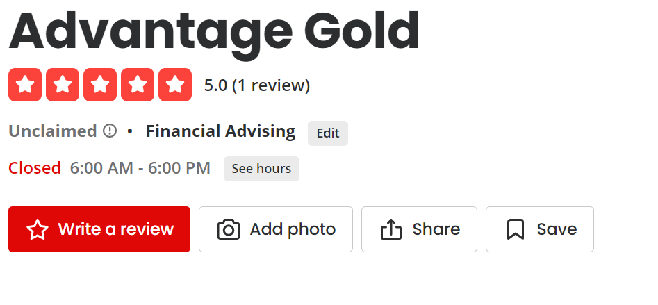Advantage Gold review on yelp