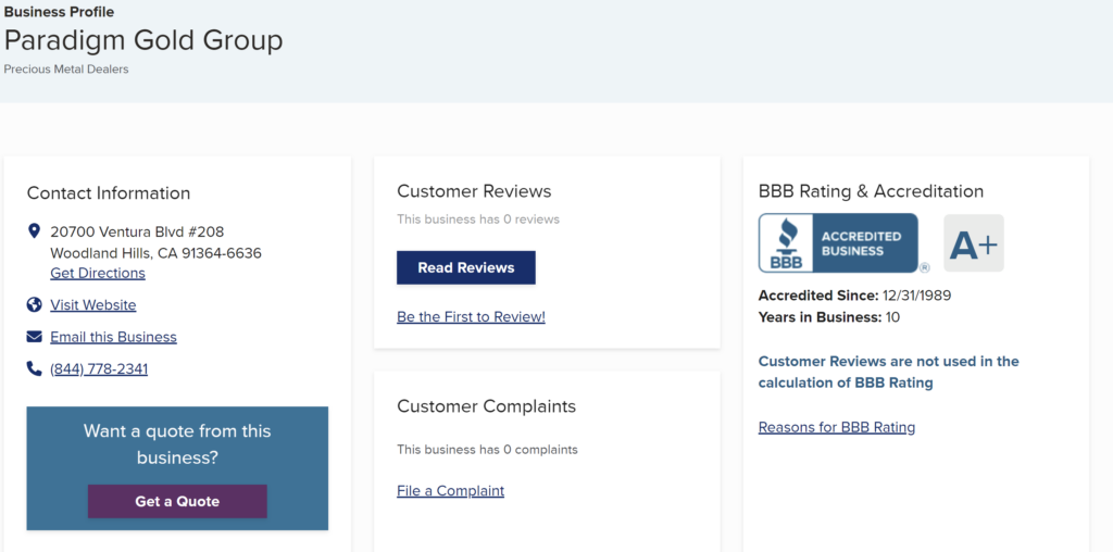 Paradigm Gold Group complaints on BBB