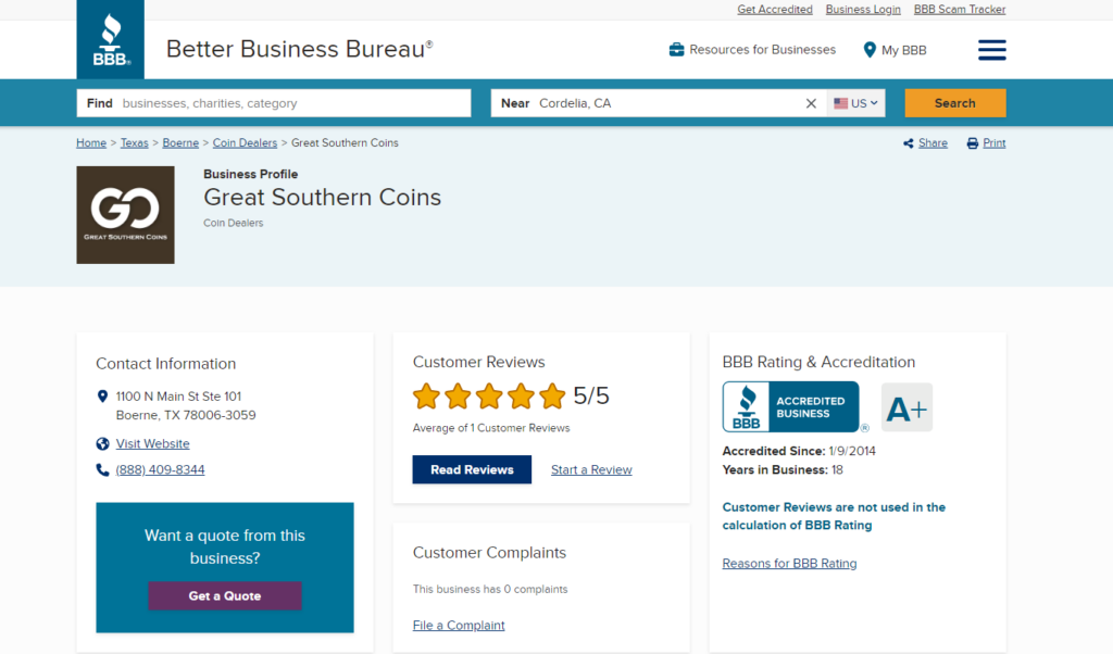 BBB Reviews of Great Southern Coins