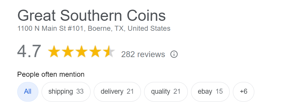Google Reviews of Great Southern Coins